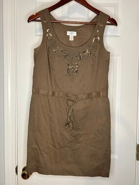 LOFT Petites 4P Taupe Beaded Sequin Embellished Shift Mini Dress